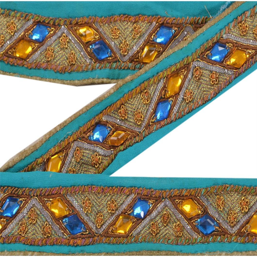 Sanskriti Vintage 3 YD Sari Border Hand Beaded Craft Trim Décor Ribbon Blue Lace
