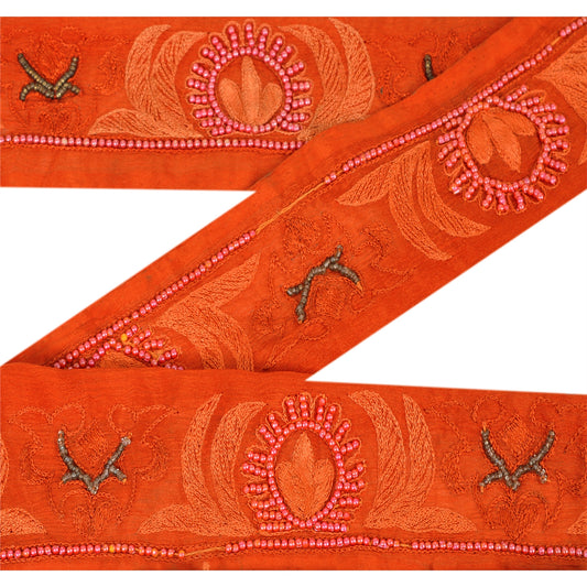 Sanskriti Vintage 1 Yd Sari Border Hand Beaded Trim Sewing Orange Craft Lace