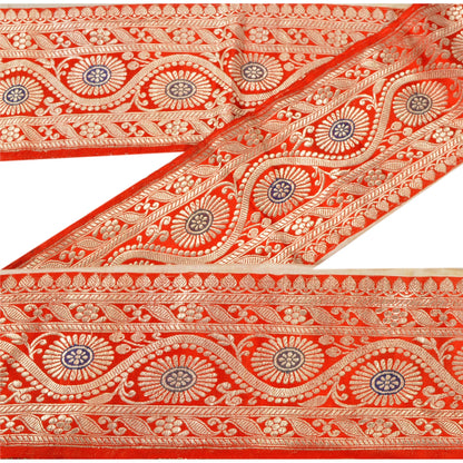 Sanskriti Vintage 1 Yd Trim Red Sari Border Woven Brocade Craft Sewing Zari Lace