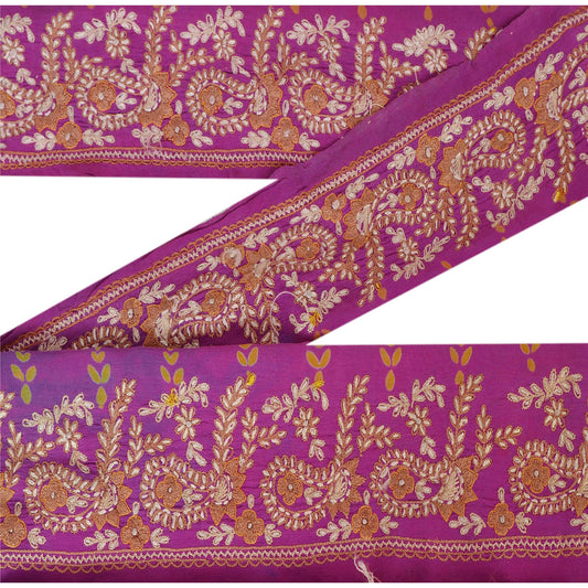 Sanskriti Vintage 1 Yd Sari Border Håndbroderet Syhåndværkskant Lilla Blonde