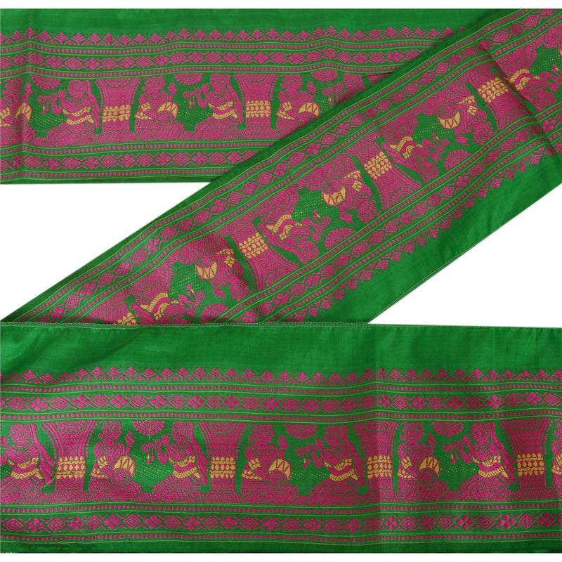 Sanskriti Vintage Saree/Sari 1 Yd Border Pure Silk Woven Baluchari Woven Craft Trim Sewing Green Women Design 4W Lace upholstery fabric