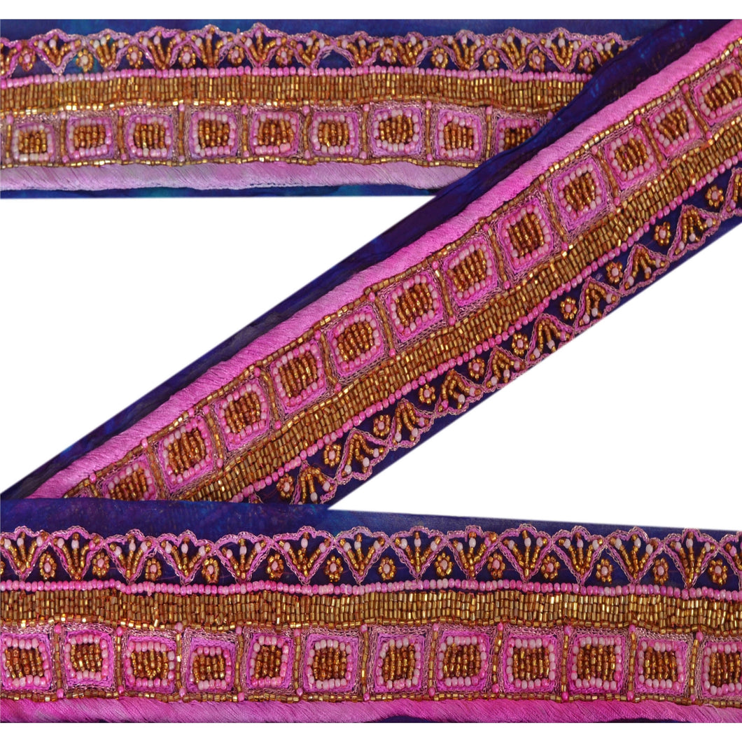 Sanskriti Vintage Blue Sari Border Hand Beaded 5 YD Craft Trim Sewing Lace