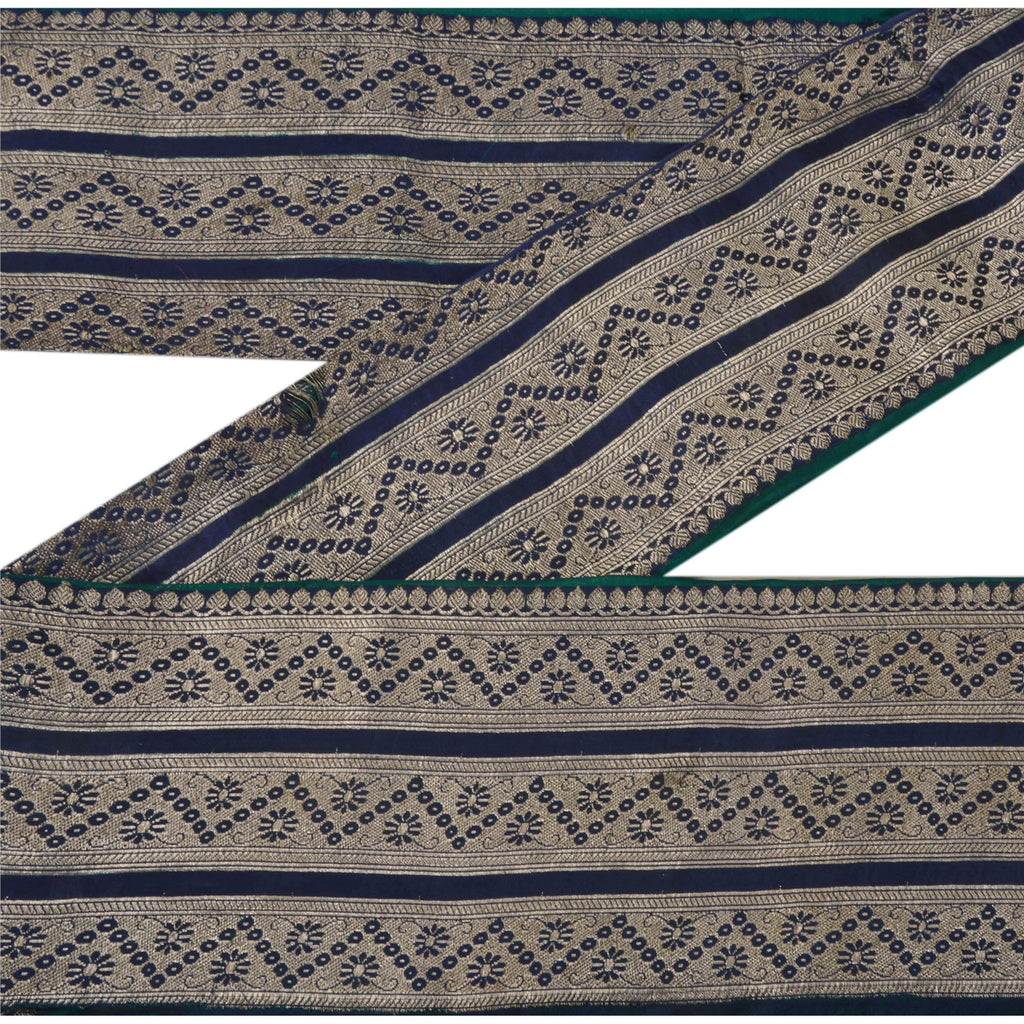 Sanskriti Vintage 1 Yd Trim Sari Craft Border Woven Brocade Blue 5"W Sewing Lace