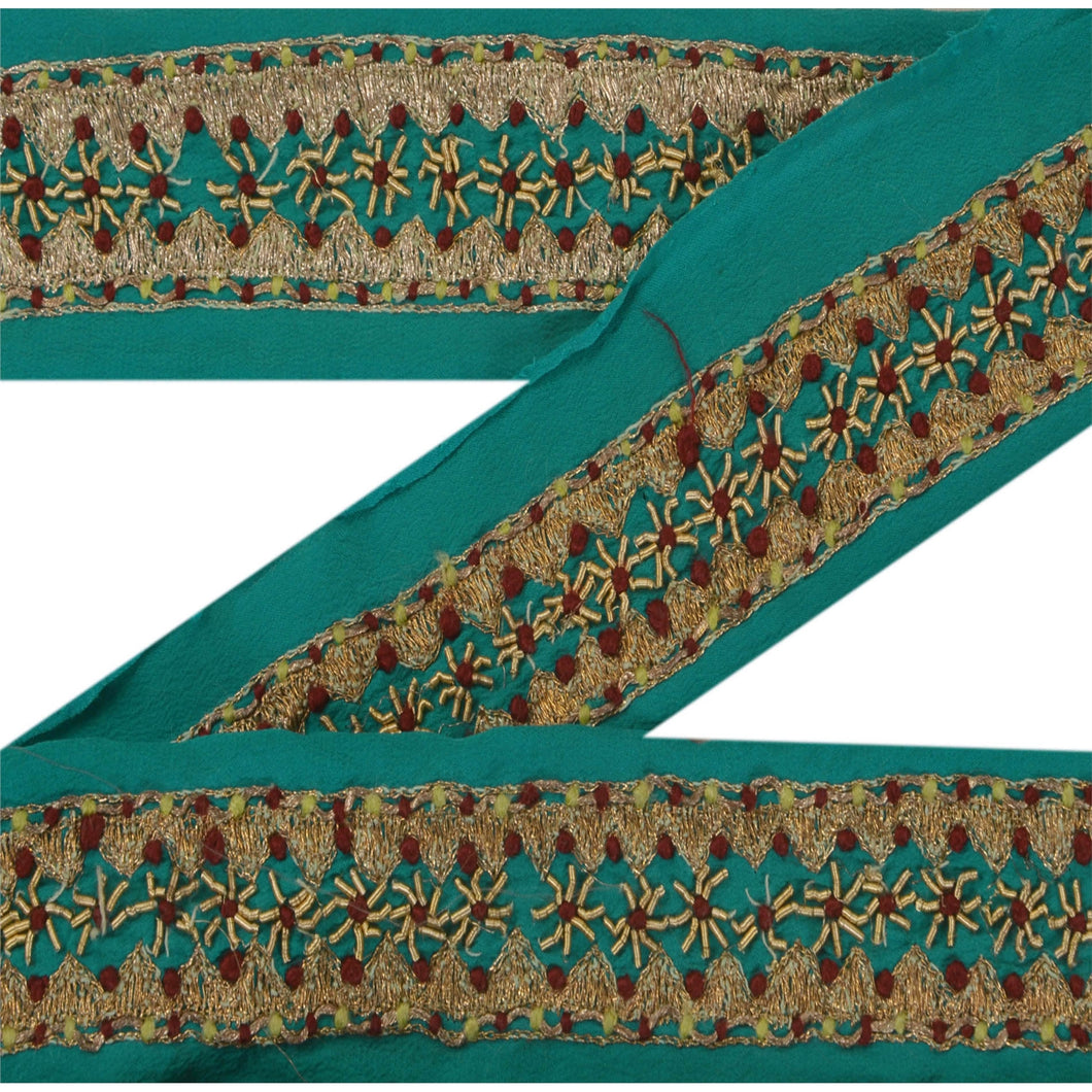 Sanskriti Vintage 5 YD Sari Border Hand Embroidered Ribbon Green Craft Lace