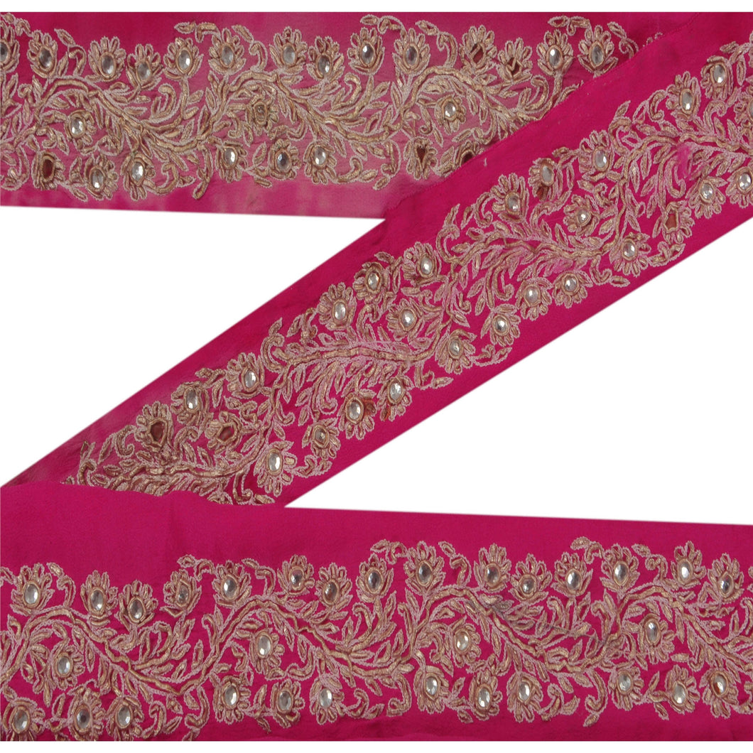 Sanskriti Vintage 6 YD Sari Border Hand Beaded Trim Sewing Pink Zardozi Lace