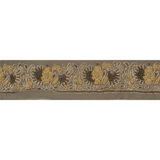 Sanskriti Vintage 1 Yd Sari Border Hand Embroidered Ribbon Grey Craft Lace