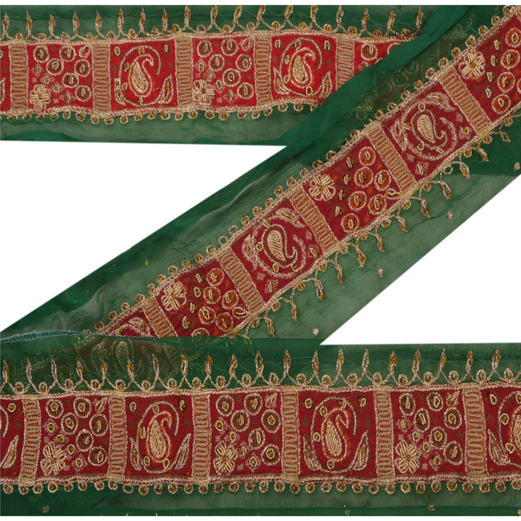 Sanskriti Vintage 5 YD Sari Border Hand Beaded Trim Sewing Green Craft Lace
