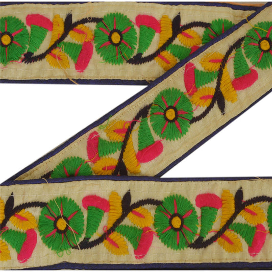 Sanskriti Vintage 1 Yd Sari Border Embroidered Sewing Craft Cream Decor Lace