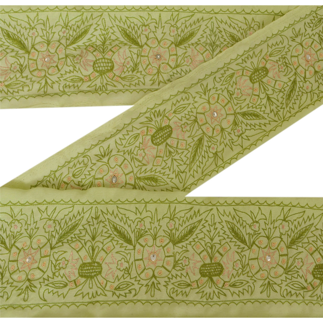 Sanskriti Vintage 5 YD Sari Border Hand Beaded Trim Sewing Green Zardozi Lace