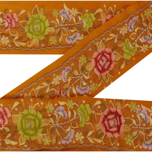 Sanskriti Vintage 1 Yd Sari Border Embroidered Sewing Craft Orange Decor Lace