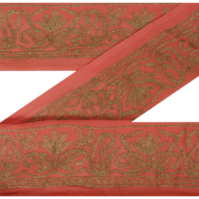 Sanskriti Vintage 1 Yd Sari Border Hand Embroidery Trim Sewing Peach Zari Lace