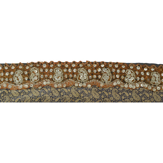 Sanskriti Vintage 1 Yd Sari Border Hand Beaded Woven Trim Sewing Craft Blue Lace