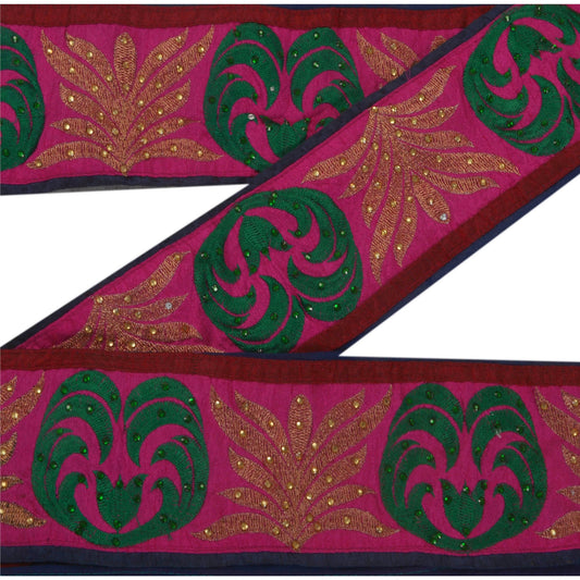 Sanskriti Vintage 1 Yd Sari Border Hand Beaded Trim Sewing Pink Craft Lace