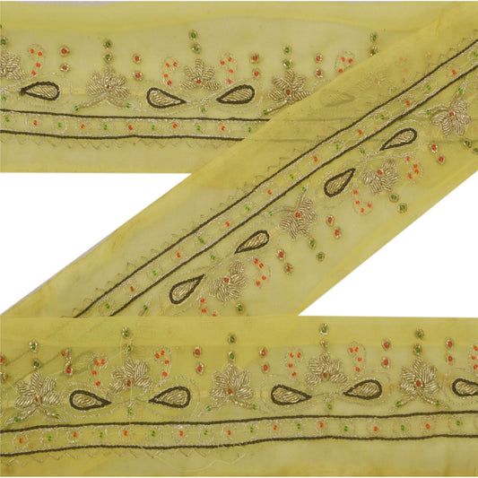 Sanskriti Vintage 1 Yd Sari Border Hand Beaded Trim Sewing Yellow Craft Lace