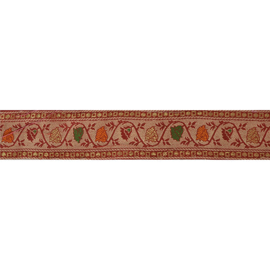 Sanskriti Vintage Dark Red Sari Border Woven Indian Craft Trim Sewing 1 Yd Lace