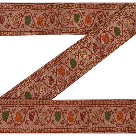 Sanskriti Vintage Dark Red Sari Border Woven Indian Craft Trim Sewing 1 Yd Lace