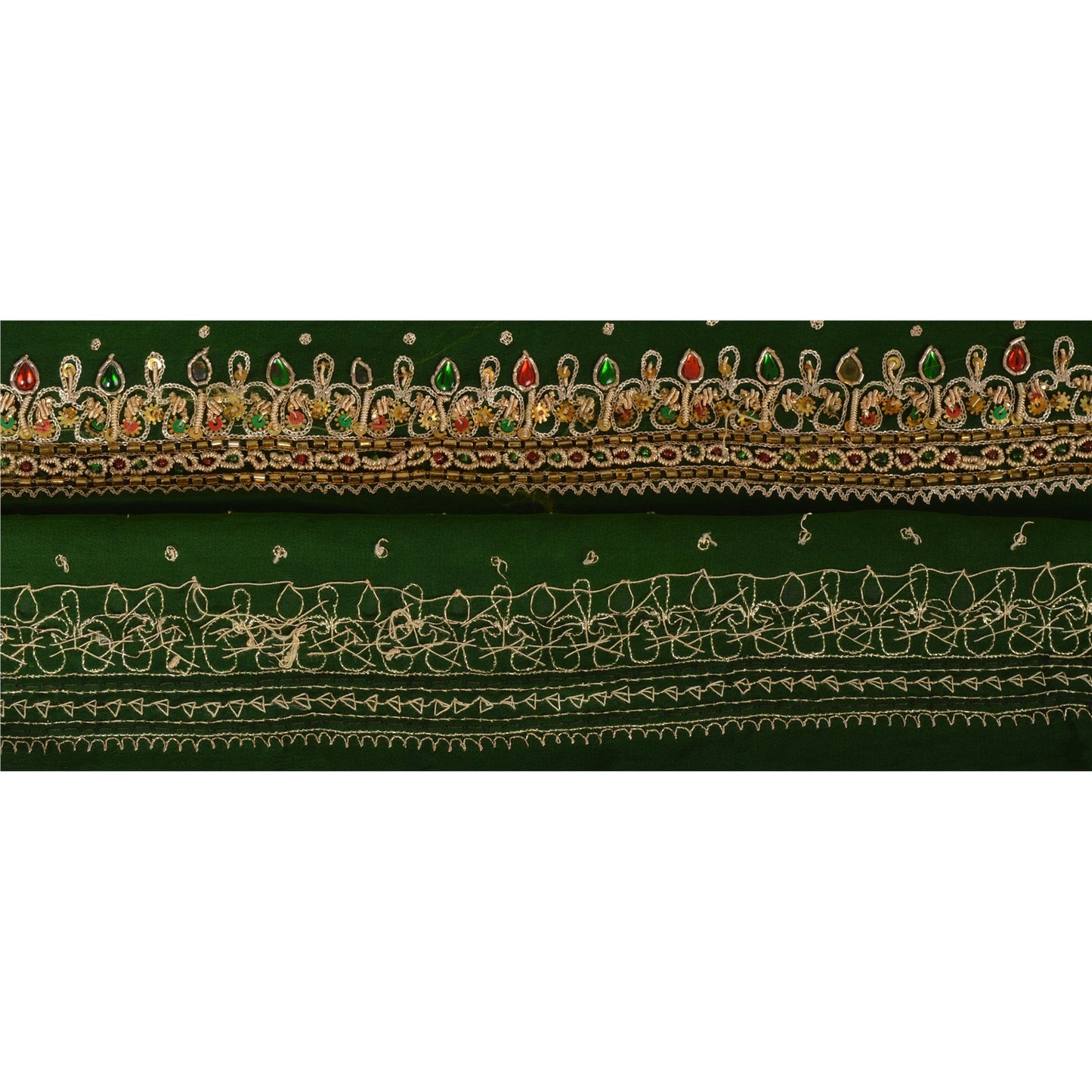 Sanskriti Vintage Green Sari Border Hand Beaded Craft Trim 1 Yd Kundan Lace