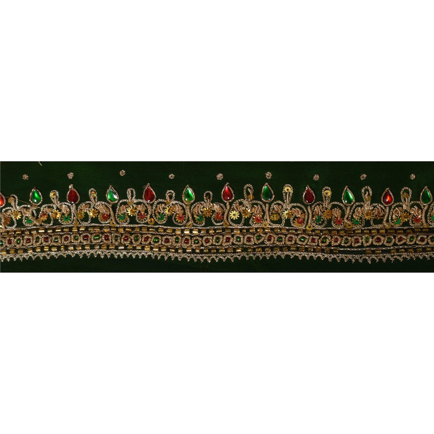 Sanskriti Vintage Green Sari Border Hand Beaded Craft Trim 1 Yd Kundan Lace