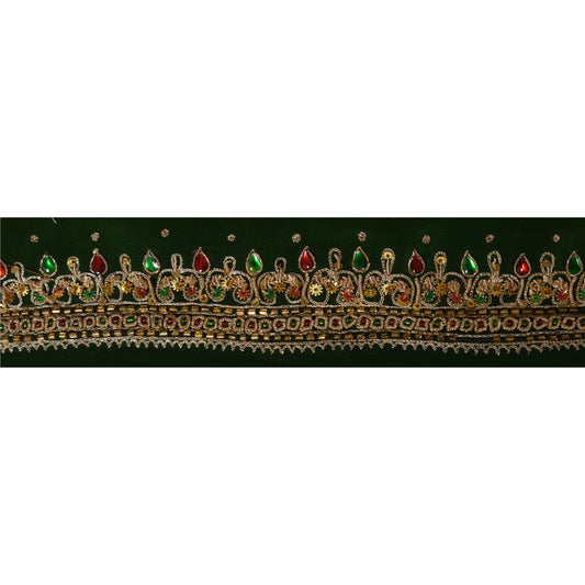 Sanskriti Vintage Green Sari Border Hand Beaded Craft Trim 1 Yd Kundan Lace