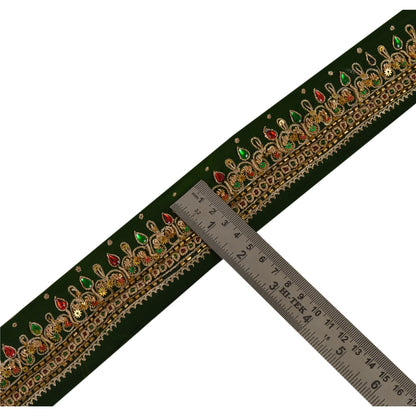 Sanskriti Vintage Green Sari Border Hand Beaded Craft Trim 1 Yd Kundan Lace
