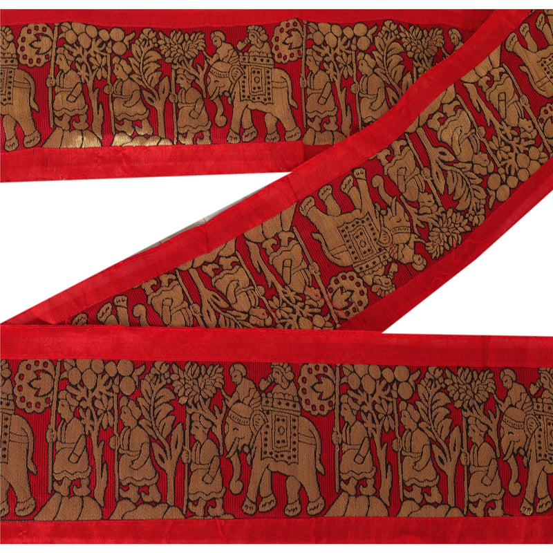 Sanskriti Vintage Sari Border: Red Art Silk Trim, Zari Elephant Brocade (1 Yard) upholstery fabric