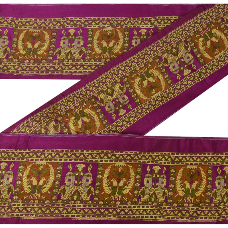 Sanskriti Vintage Purple Satin Silk Sari Border: 1 Yard Woven Trim, Floral & Human Design upholstery fabric