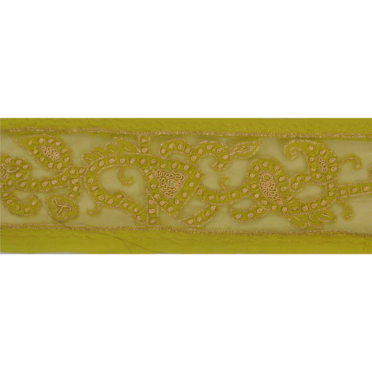 Sanskriti Vintage Sari Border Craft Green Trim Hand Embroidered 1 Yd Zari Lace