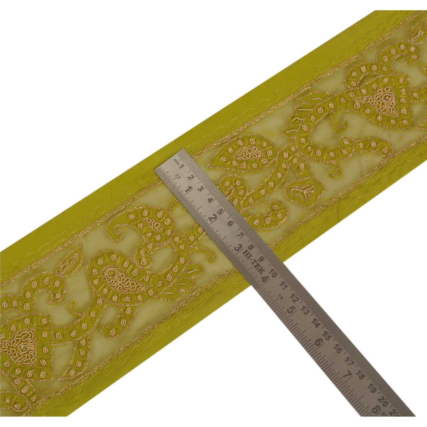 Sanskriti Vintage Sari Border Craft Green Trim Hand Embroidered 1 Yd Zari Lace