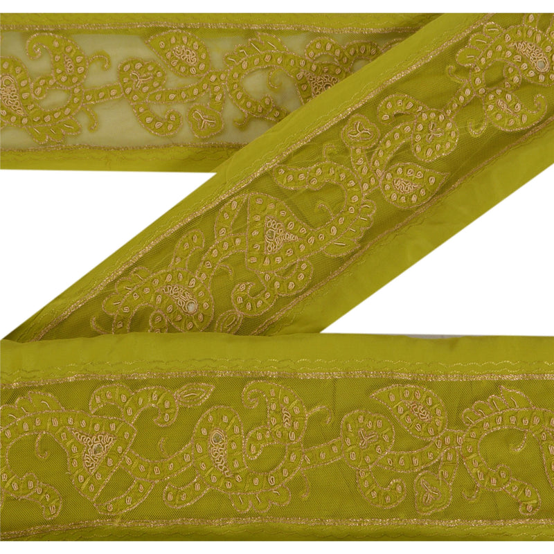 Sanskriti Vintage Green Net Sari Border: Hand Embroidered Zardozi Lace Trim upholstery fabric