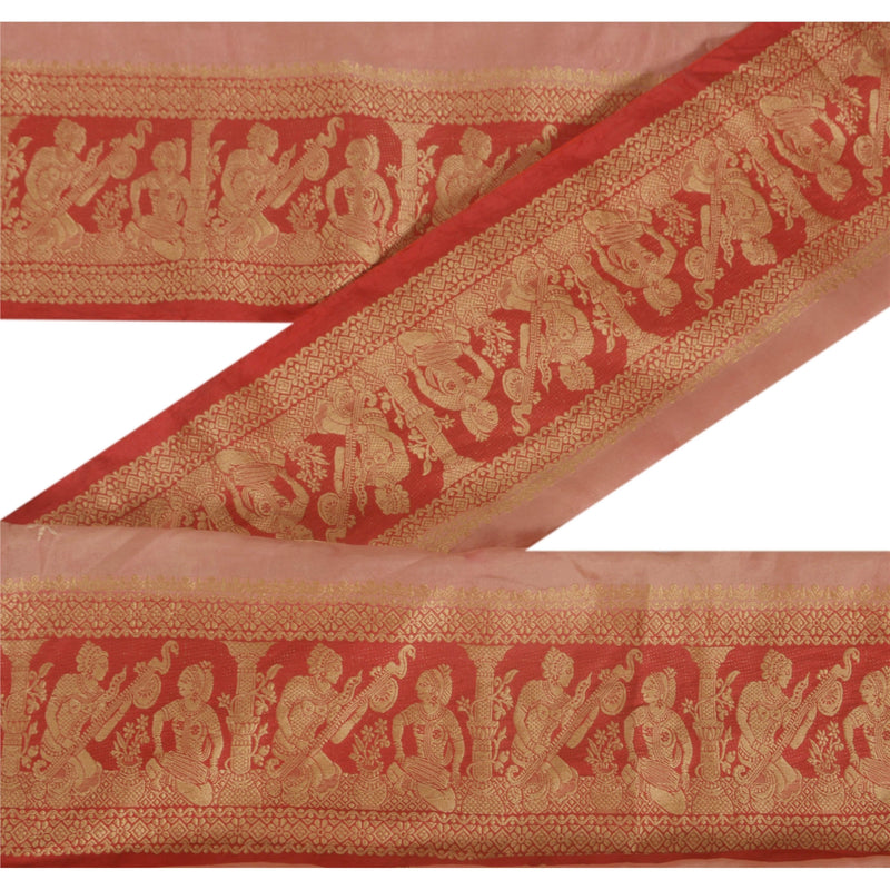 Sanskriti Vintage 1 Yard Red Silk Sari Border: Woven Baluchari Trim, Sewing Lace upholstery fabric