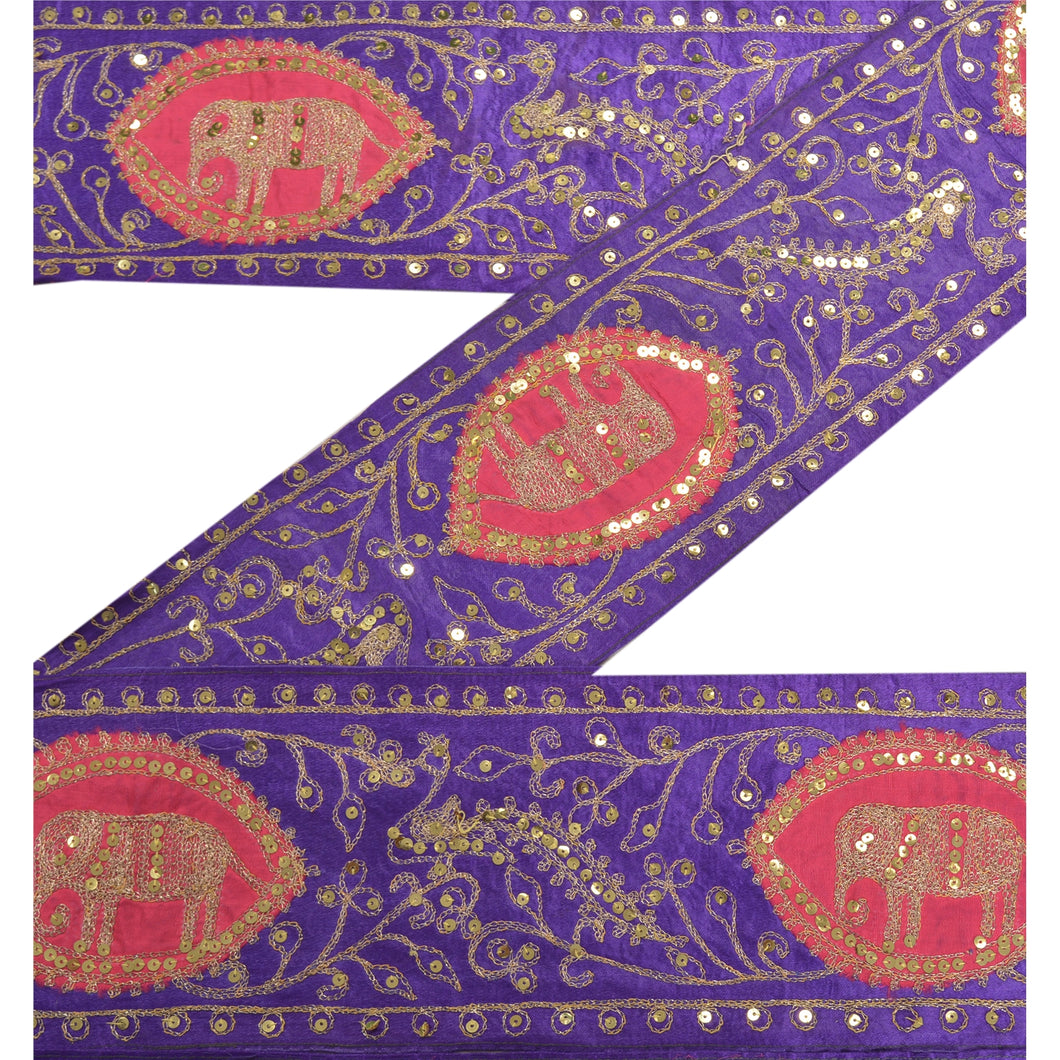 Sanskriti Vintage 7 YD Sari Border Hand Beaded Trim Sewing Craft Purple Lace