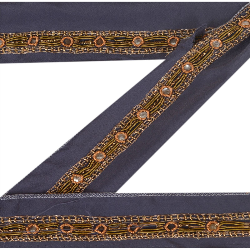 Sanskriti Vintage Sari Border Hand Beaded 1 Yd Trim Dã©Cor Ribbon Blue Lace