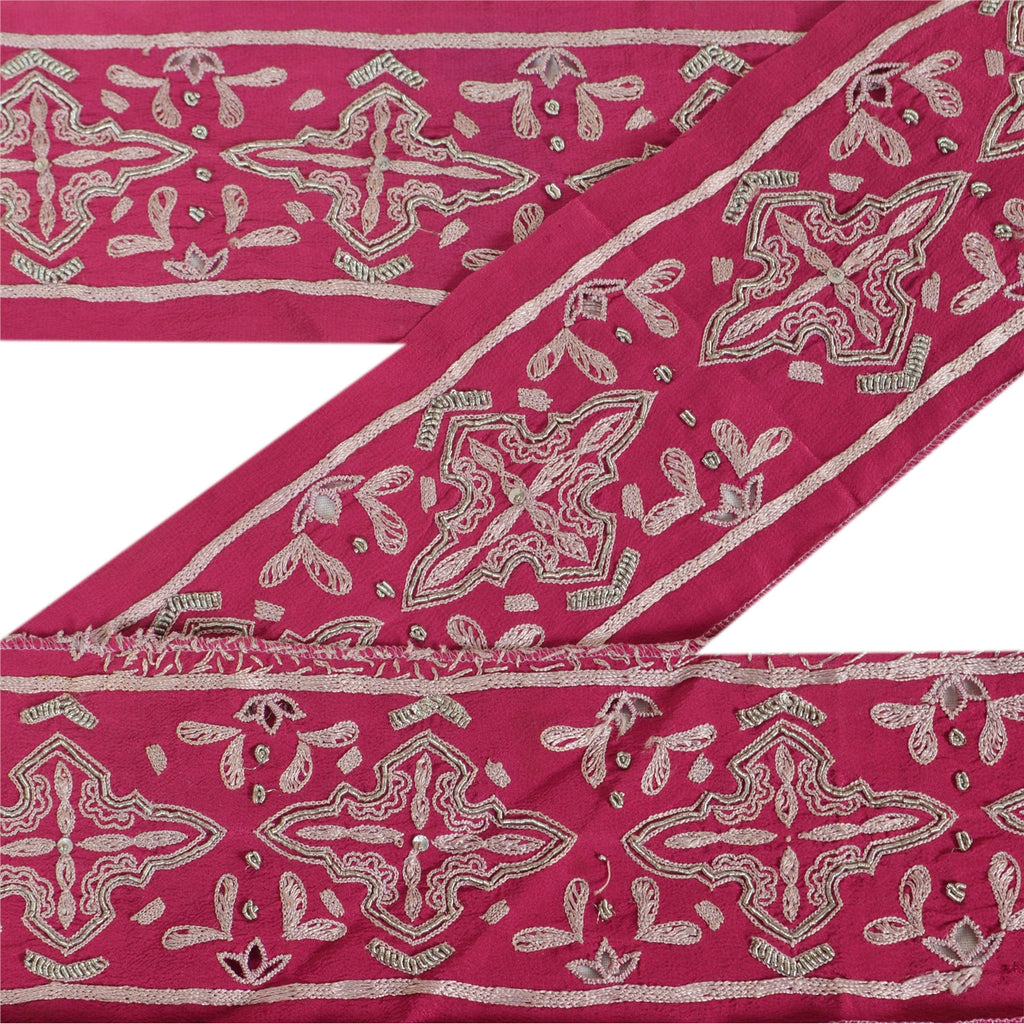Sanskriti Vintage Sari Border Hand Beaded 1 Yd Indian Trim Sewing Pink Lace