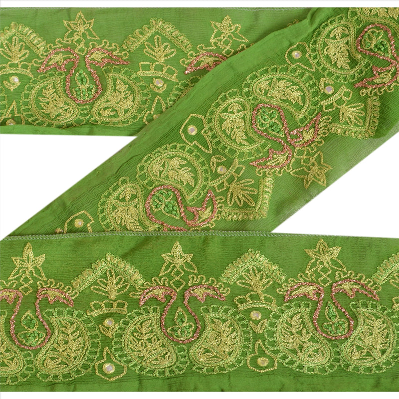 Sanskriti Vintage Sari Border Craft Green Trim Håndbroderet 1 Yard Syblonde