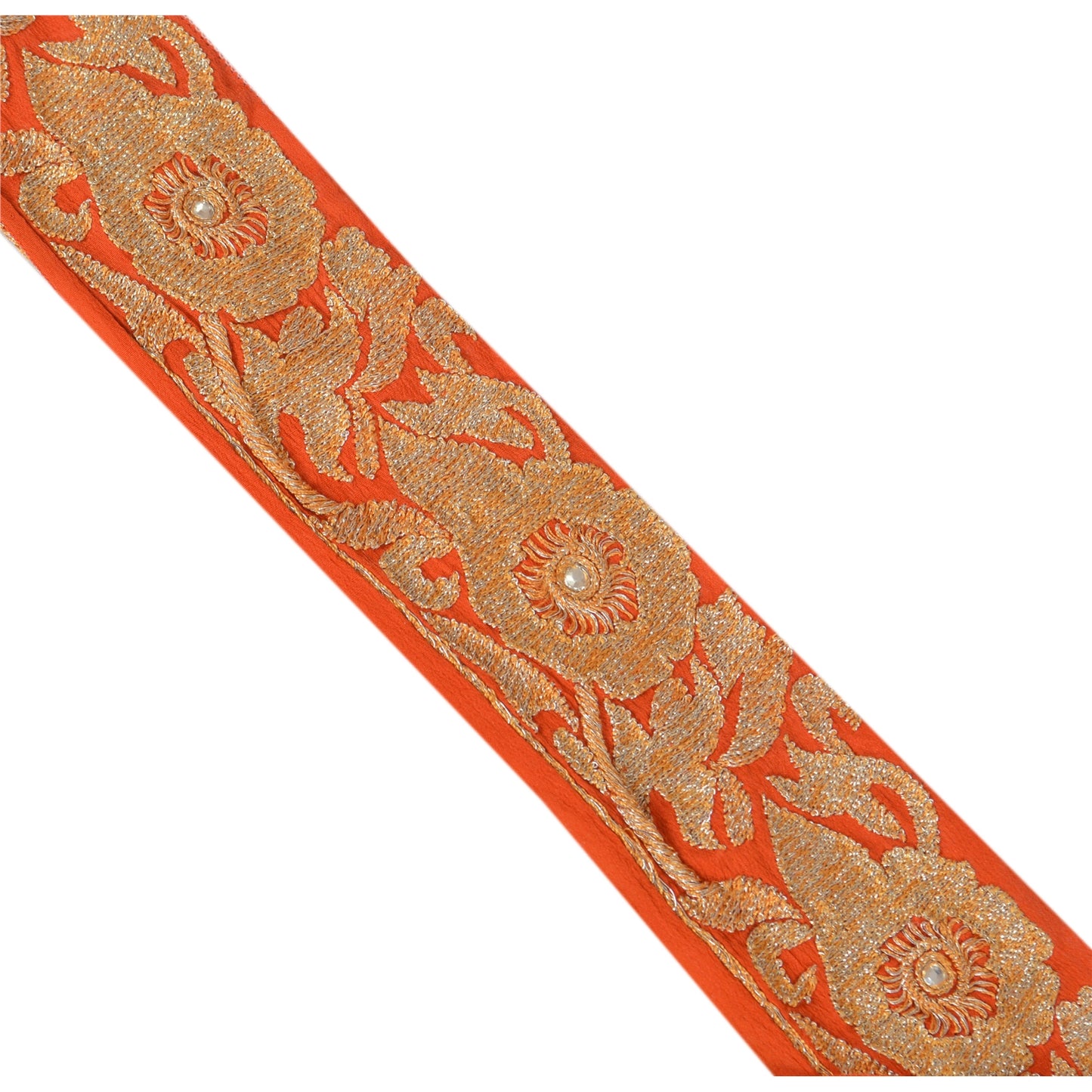 Sanskriti Vintage Sari Border Hand Beaded 1 Yd Indian Trim Sewing Orange Lace