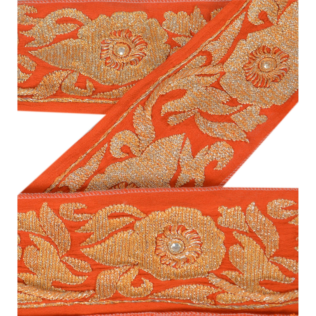 Sanskriti Vintage Sari Border Hand Beaded 1 Yd Indian Trim Sewing Orange Lace