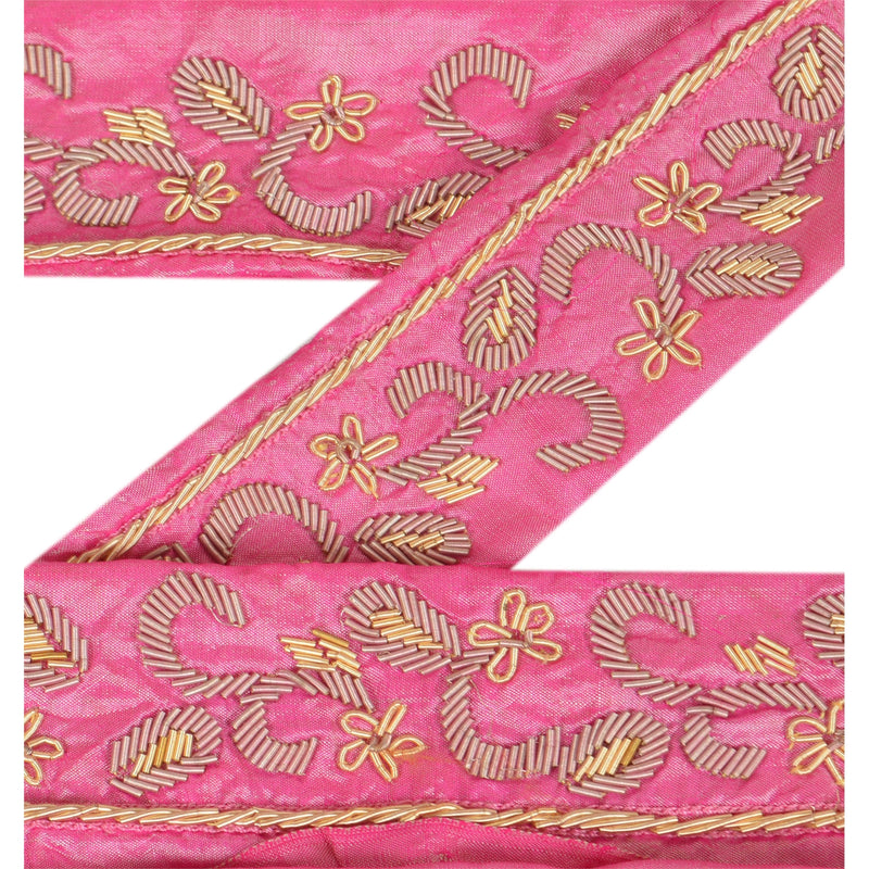 Sanskriti Vintage Sari Border Antique Hand Embroidered 1 Yd Indian Trim Ribbon Pink Lace