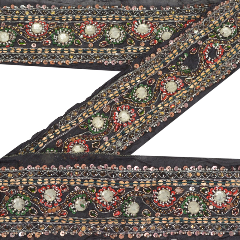 Sanskriti Vintage Sari Kant Håndperlet Håndværk 1 Yard Syning Sorte Kanter Blonde
