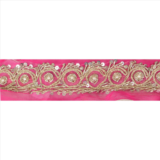 Sanskriti Vintage Sari Border Hand Beaded 1Yd Indian Trim Dã©Cor Ribbon Pink Lace