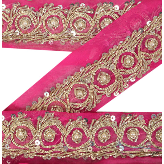 Sanskriti Vintage Sari Border Hand Beaded 1Yd Indian Trim Dã©Cor Ribbon Pink Lace