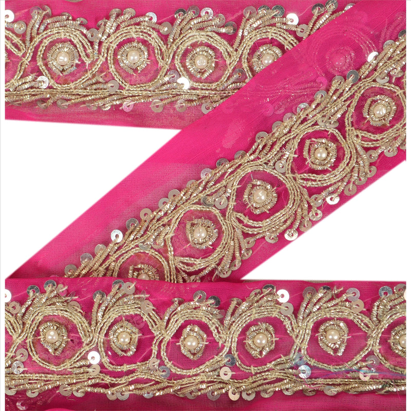 Sanskriti Vintage Hand Beaded Sari Border: Pink Georgette Indian Trim, Dabka Embroidery (1 Yard) upholstery fabric