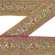 Sanskriti Vintage Sari Border Hand Beaded Craft 1 YD Sewing Golden Trims Lace