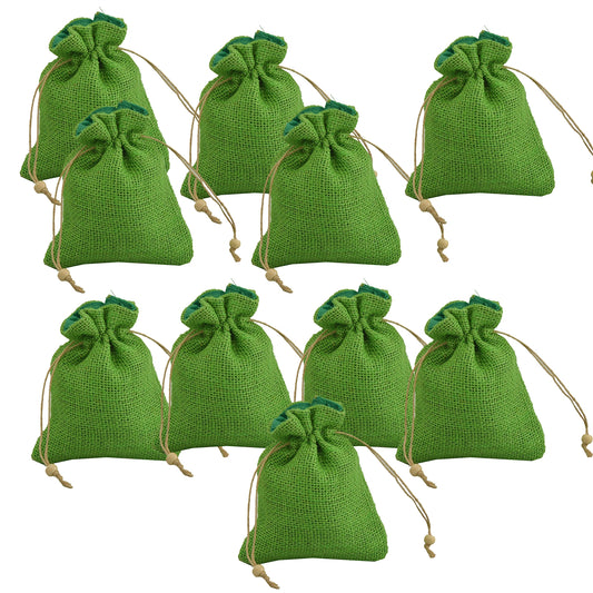 Sanskriti Vintage Indian Jute Bags 10 Combo Wedding Gift Pouch/Potli Green Drawstrings