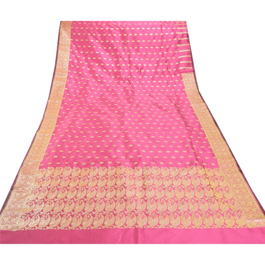 Sanskriti Vintage Pink Heavy Saree Art Silk Woven Brocade/Banarasi Fabric 5 Yard Sari