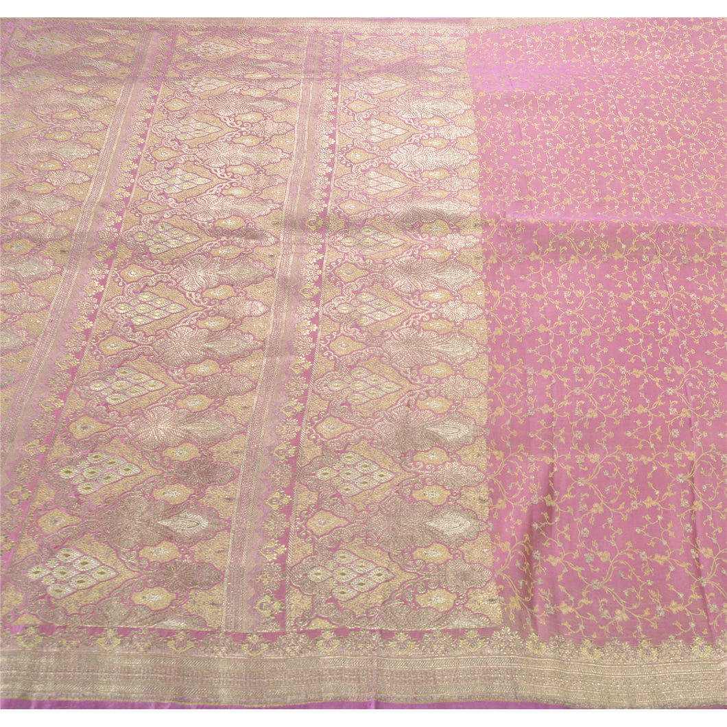 Sanskriti Vintage Pink Heavy Saree Satin Traditional Woven Brocade Fabric Sari