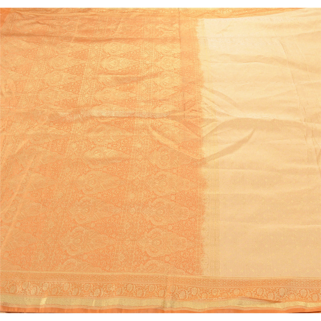 Sanskriti Vintage Peach Ethnic Heavy Saree Pure Satin Silk Woven Fabric Sari