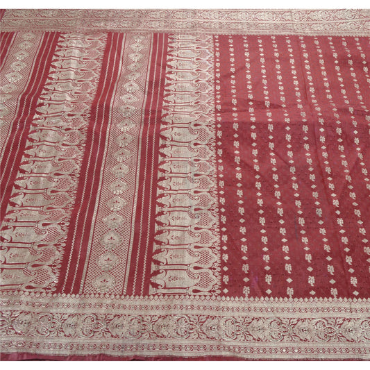 Sanskriti Vintage Dark Red Heavy Saree Satin Woven Brocade/Banarasi Sustainable Fabric Sari