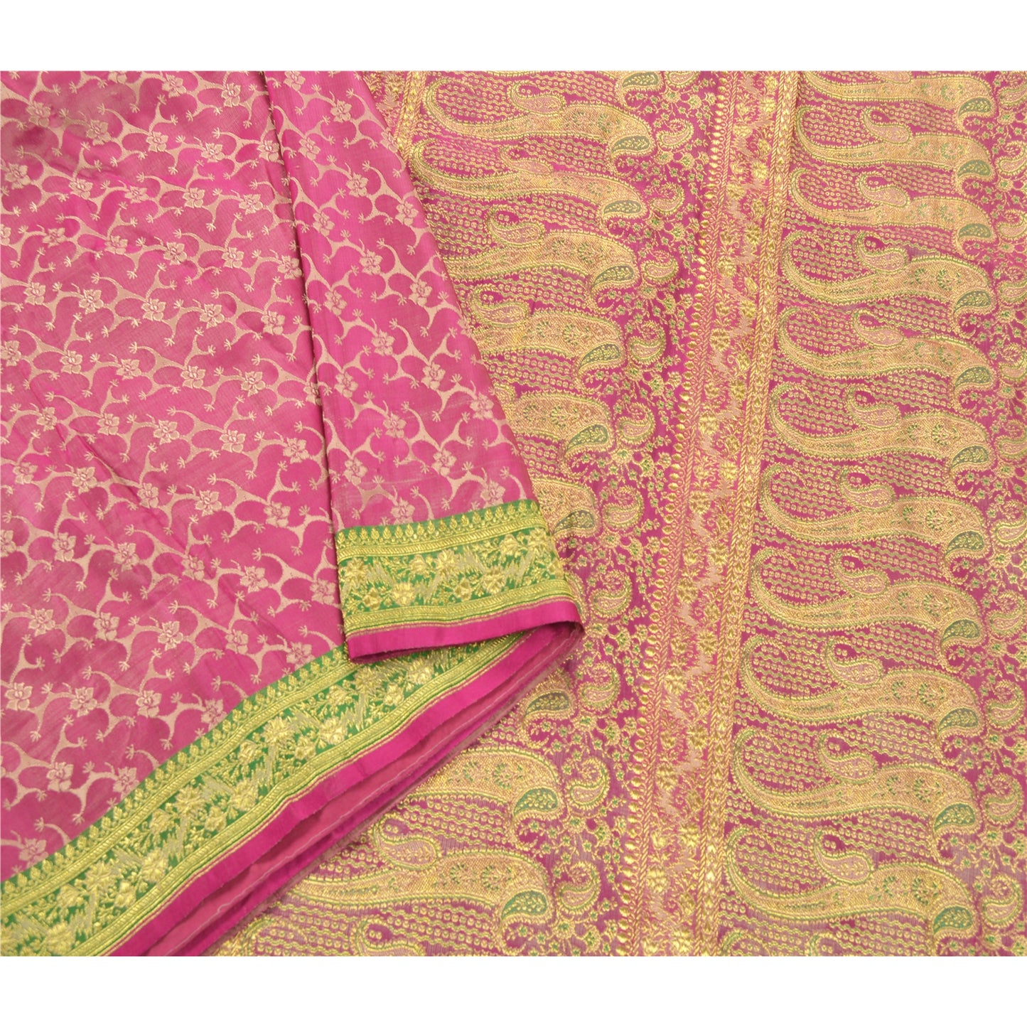 Sanskriti Vintage Pink Heavy Saree Pure Satin Silk Woven Brocade Sustainable Fabric Sari