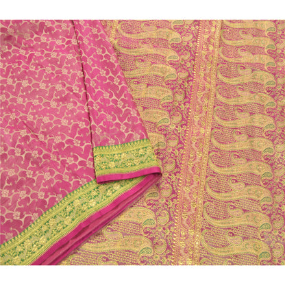 Sanskriti Vintage Pink Heavy Saree Pure Satin Silk Woven Brocade Sustainable Fabric Sari