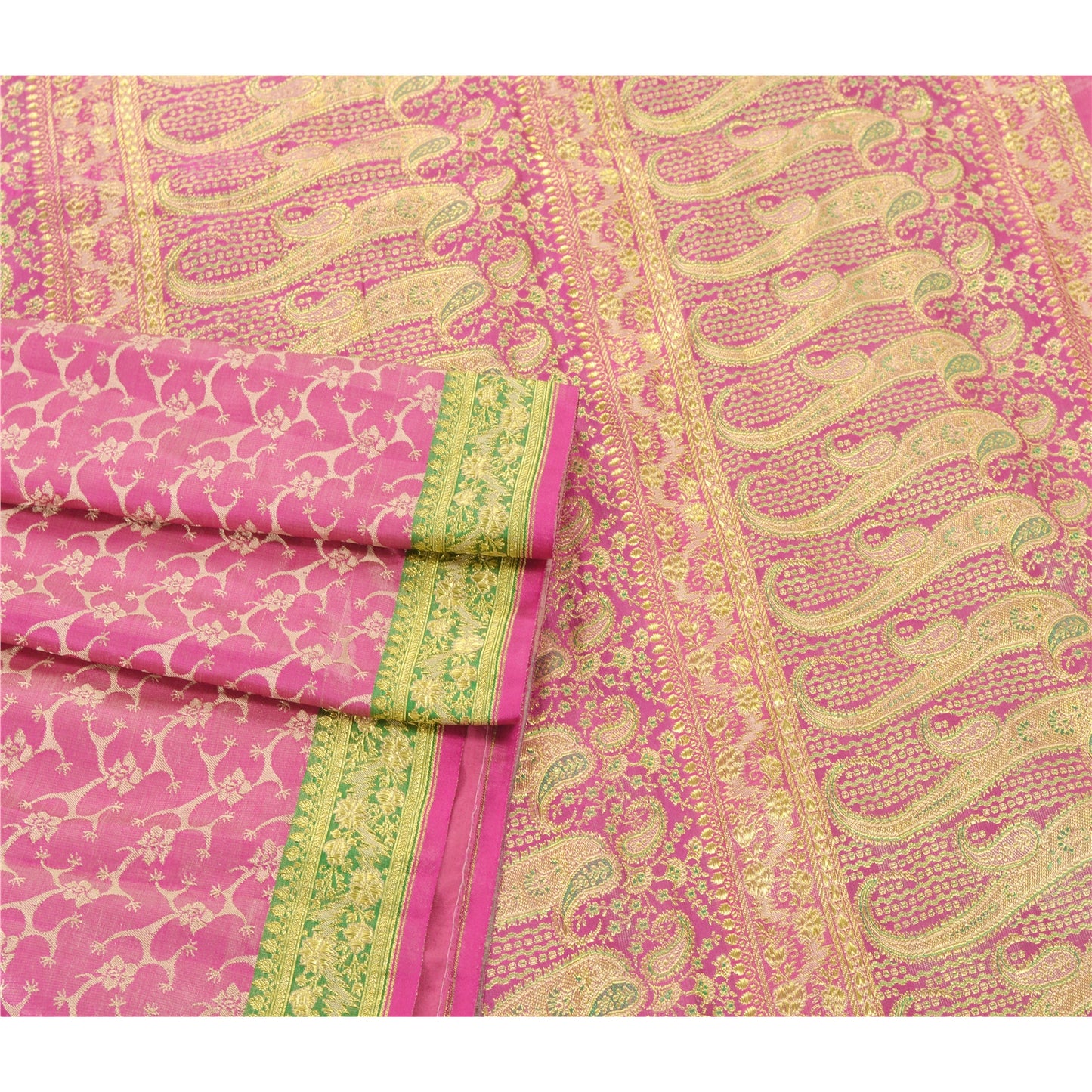 Sanskriti Vintage Pink Heavy Saree Pure Satin Silk Woven Brocade Sustainable Fabric Sari
